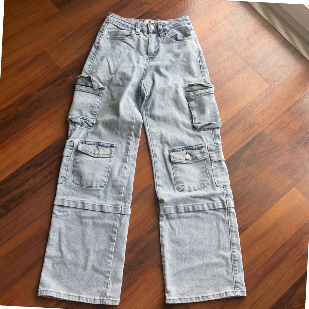 Love Cult Light Wash Y2K Wide Leg Cargo Denim Jeans XS Streetwear Utility Pocket